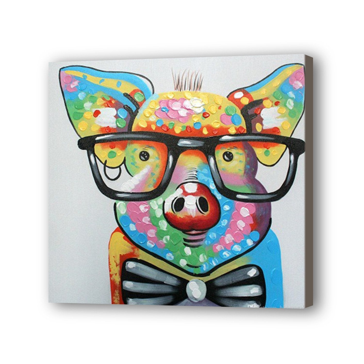 Pig in glasses with bow tie. 100% hand painted oil on canvas. 50 cheapest x 50cm. Framed.